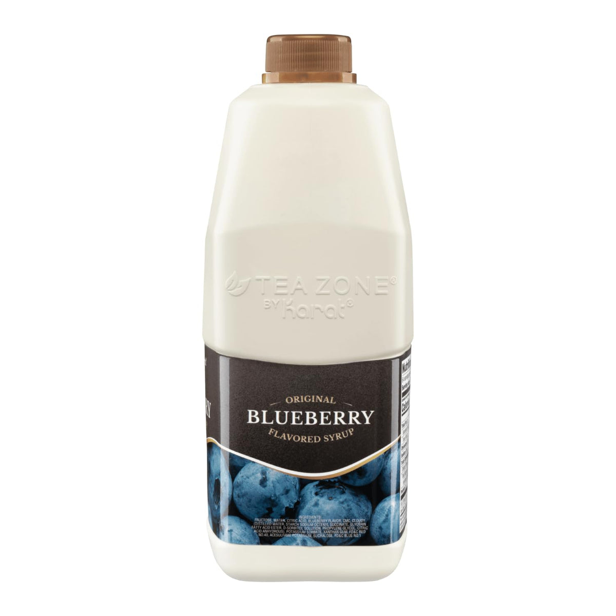 Close-up of real blueberries and ingredients in Tea Zone Syrup for authentic flavor.