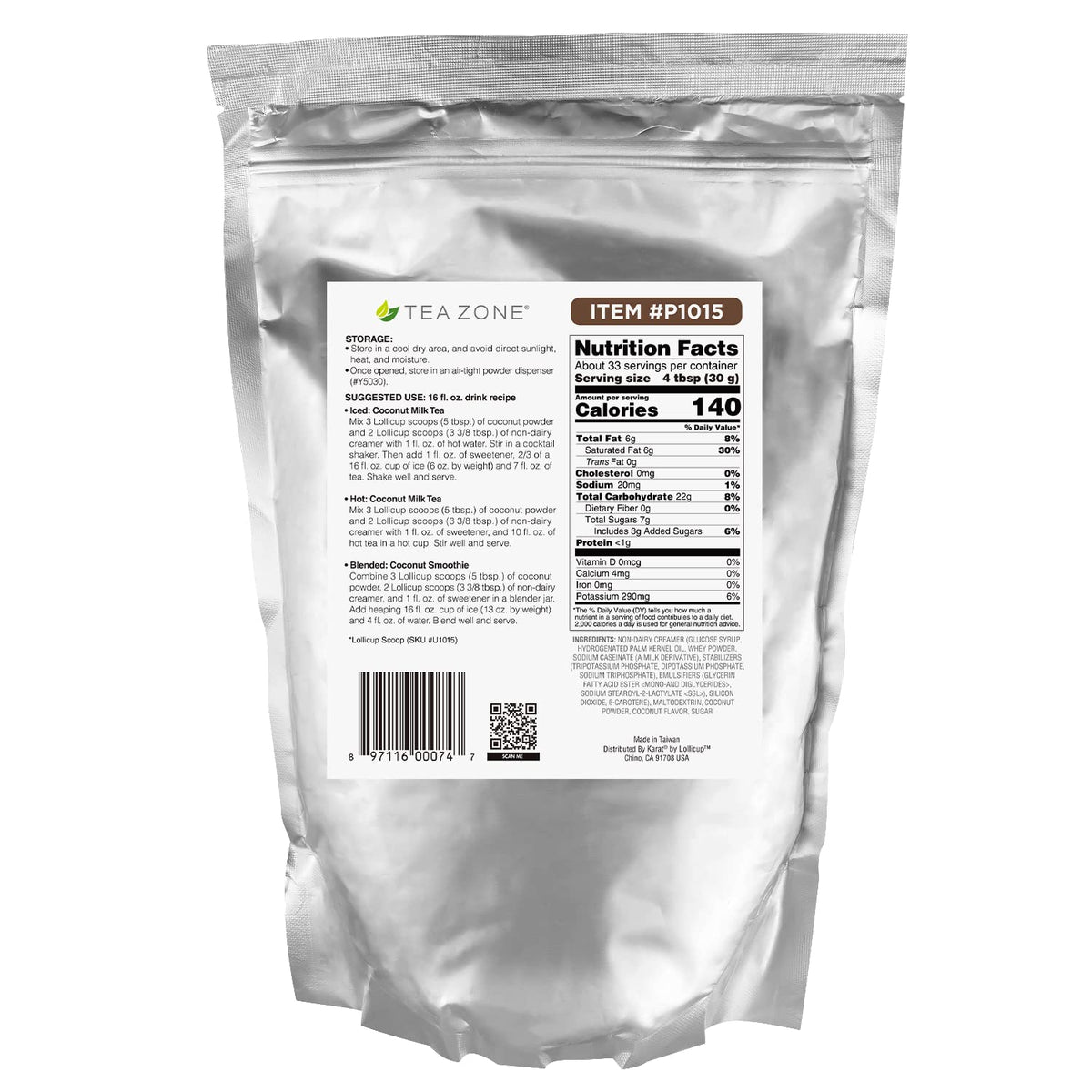 TEA ZONE coconut powder ingredients list includes coconut and additives.