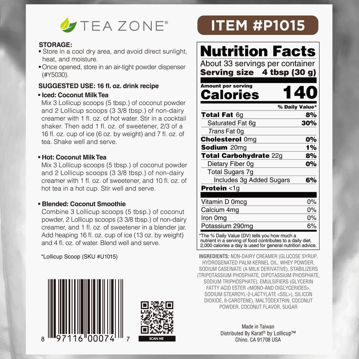 TEA ZONE sealed resealable bag keeps coconut powder fresh.