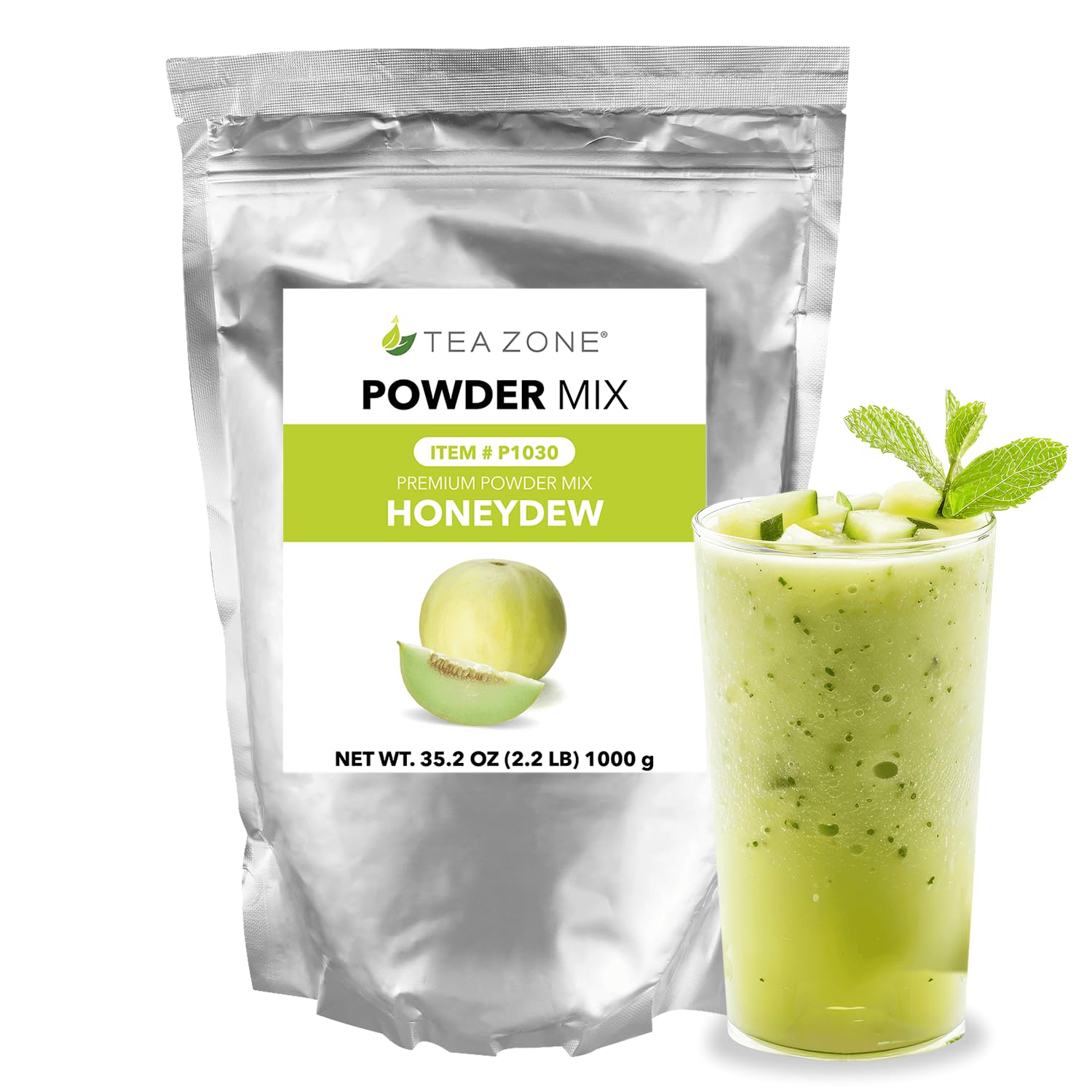 Tea Zone Honeydew Powder jar closeup demonstrates premium drink versatility, ideal for smoothies.
