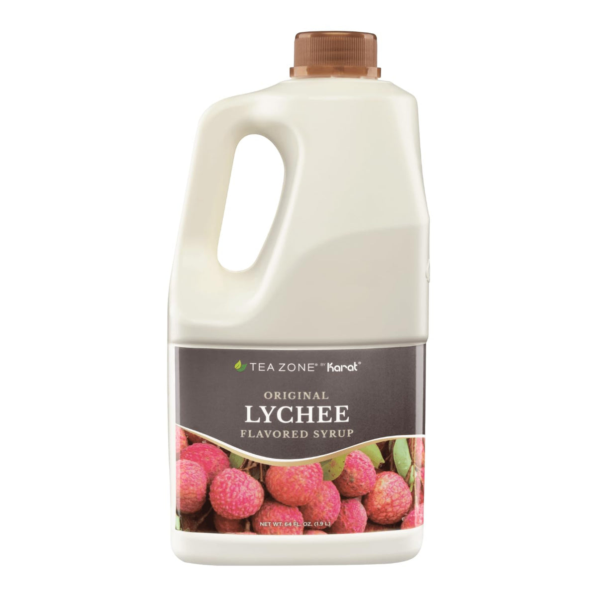 Tea Zone Lychee Syrup bottle shows 64oz capacity for versatile drinks.