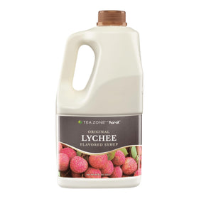 Tea Zone Lychee Syrup bottle shows 64oz capacity for versatile drinks.