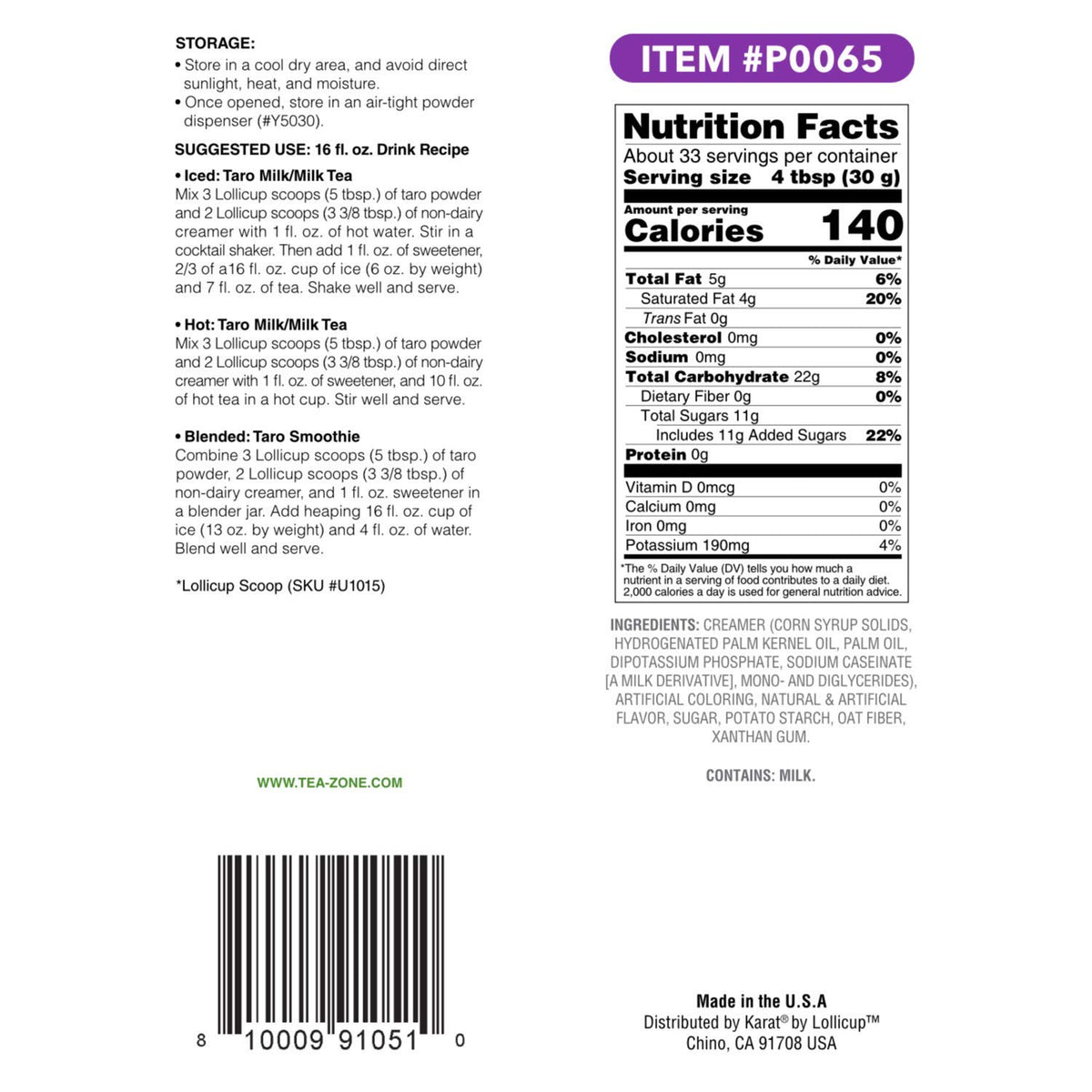 Tea Zone taro powder USA-made quality label on packaging