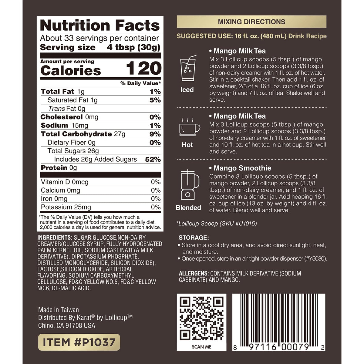 Tea Zone Mango Powder ingredients label features mango extract.