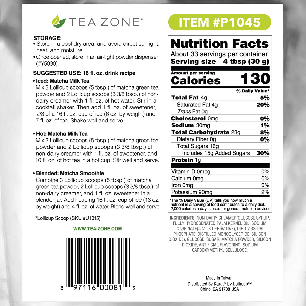 Tea Zone Matcha powder with natural flavors enhances beverages