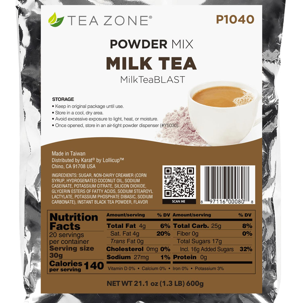 TEA ZONE Milk Tea Powder packaging shows a resealable bag for freshness.