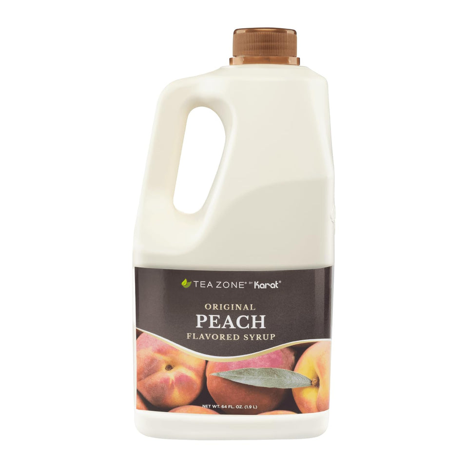 Tea Zone Peach Syrup 64oz bottle showcasing authentic peach flavor for beverages.