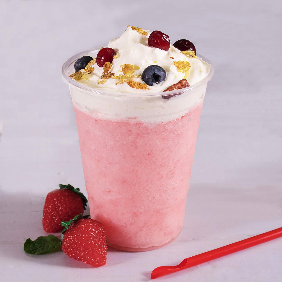 Tea Zone Strawberry Powder bottle shows smooth, berry-flavored smoothie base.