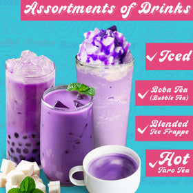 Tea-zy taro milk tea powder; easy 60-second hot or cold drinks.