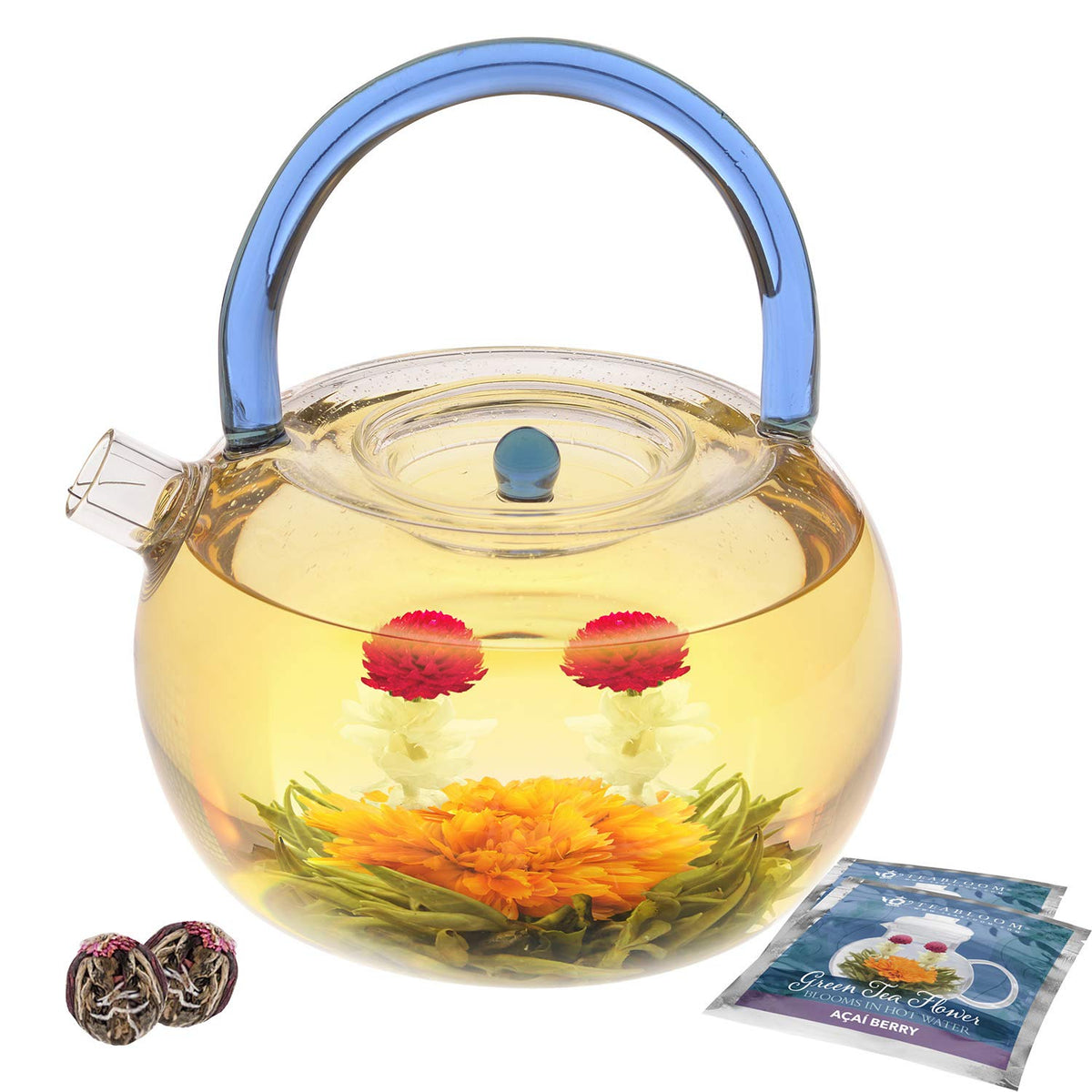 Teabloom edible flowers tea ball closeup, inviting aroma