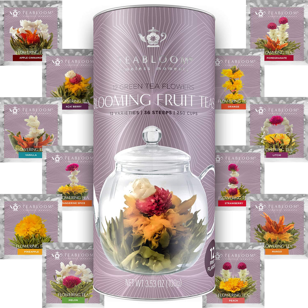Teabloom fruit blooming tea apple cinnamon canister with hand-tied blooms for gifting and aroma