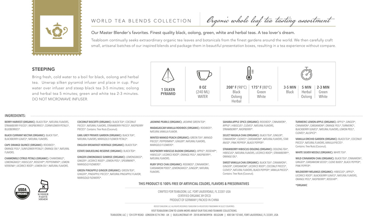 Teabloom herbal and fruit blends release fragrant aromas in a cup.