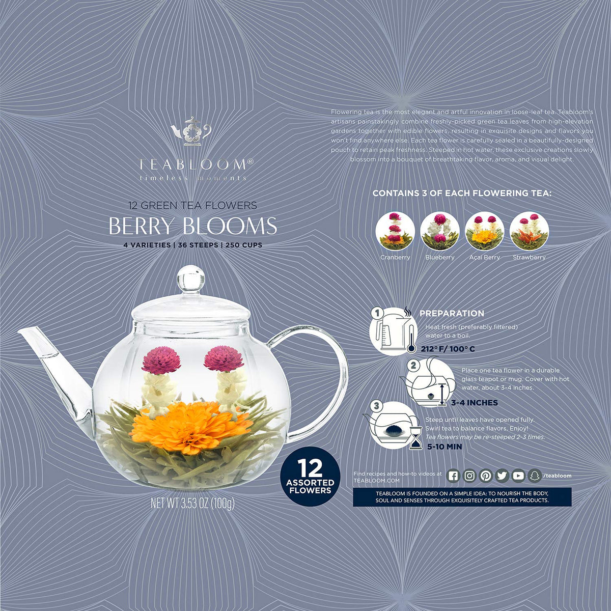 Teabloom green tea leaves with flowers, emphasizing premium blend
