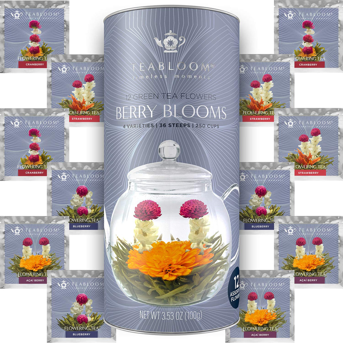 Teabloom Holiday Flowering Teas assortment in bloom, ideal for gifting