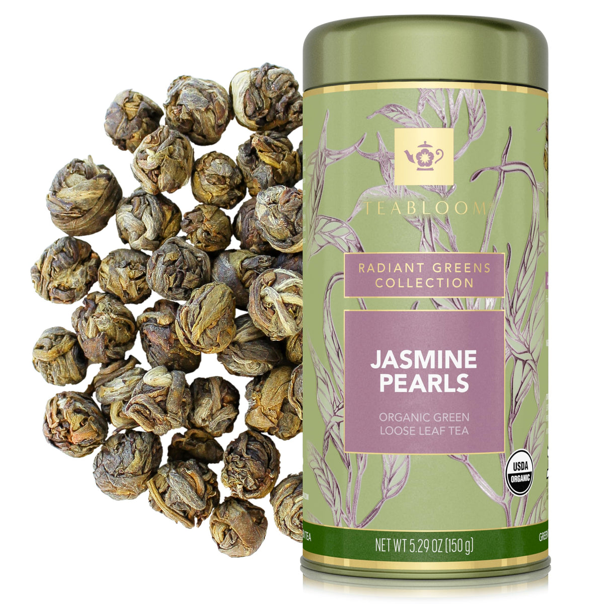 Teabloom Jasmine Pearls Green Tea canister showing fresh leaves for aromatic brewing
