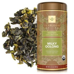 Teabloom Organic Milky Oolong canister preserves freshness for later brewing.