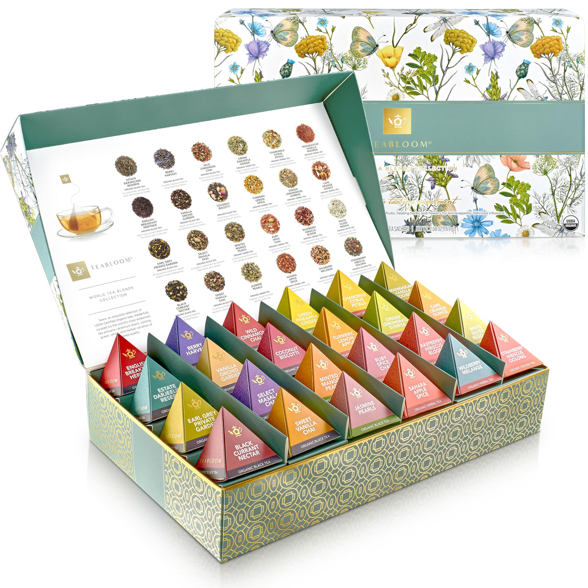 Teabloom pyramid tea collection chest with 24 organic blends, ideal for gifting.