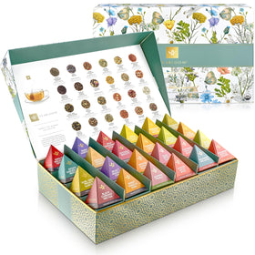 Teabloom pyramid tea collection chest with 24 organic blends, ideal for gifting.