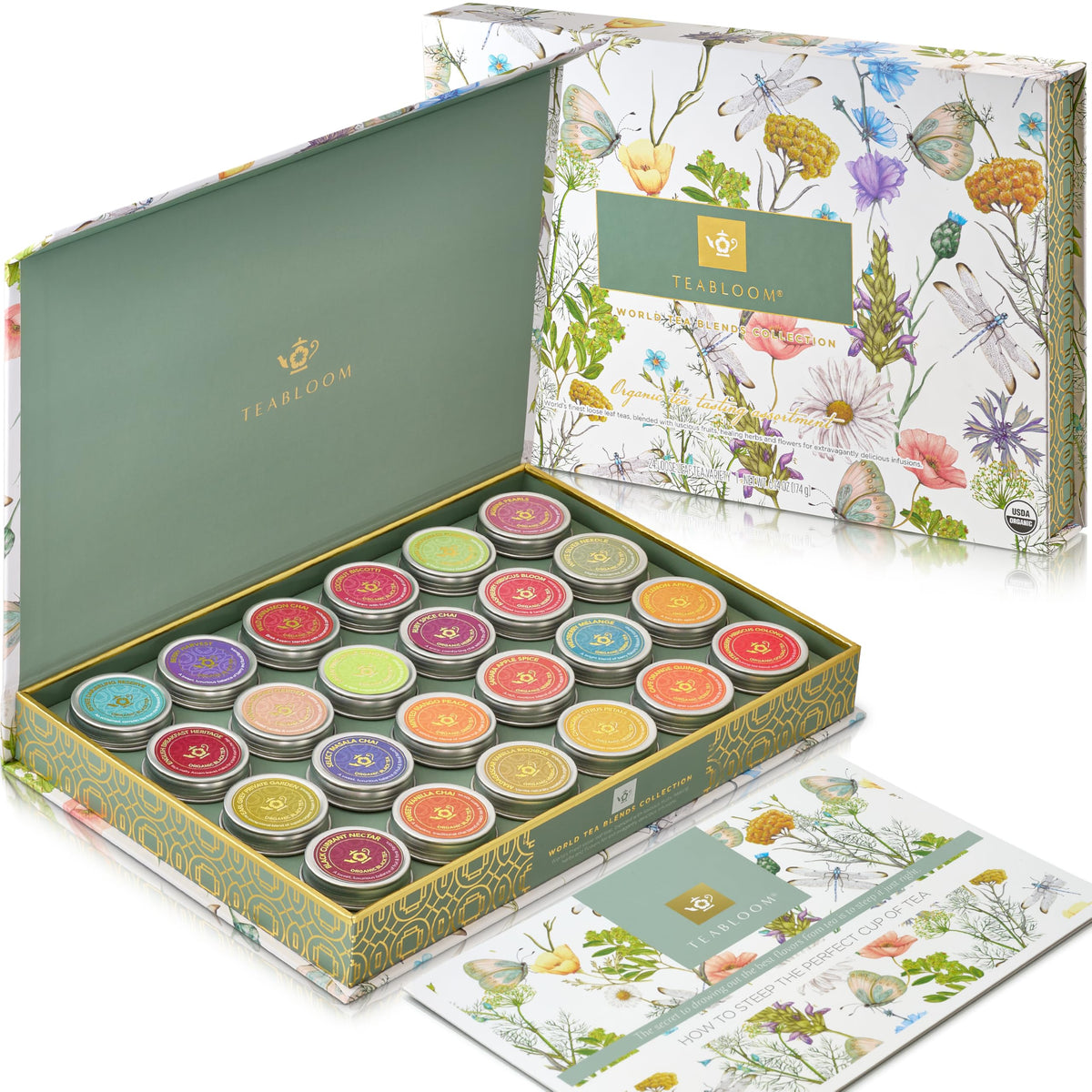 Teabloom tea chest with 24 blends, a premium gift for tea lovers.