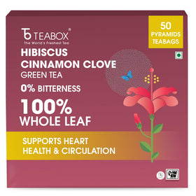 Teabox premium Darjeeling green tea with hibiscus pack, vibrant leaves for a refreshing infusion.