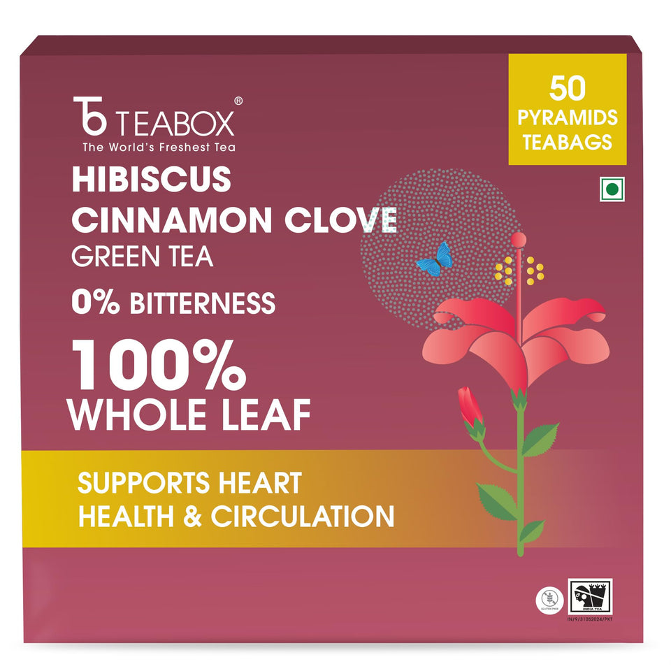 Teabox premium Darjeeling green tea with hibiscus pack, vibrant leaves for a refreshing infusion.