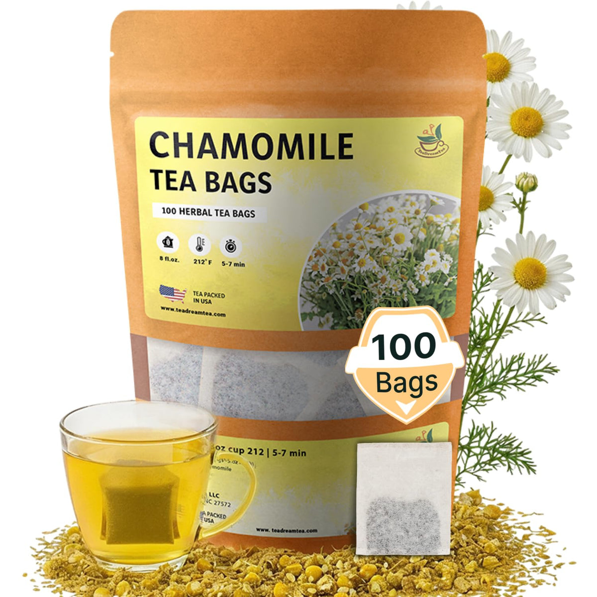 TeaDreamTea Chamomile tea bags pack for a soothing caffeine-free routine.