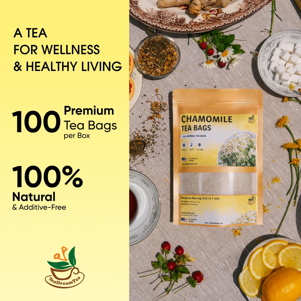 TeaDreamTea chamomile tea bags steeping to release a gentle floral aroma.