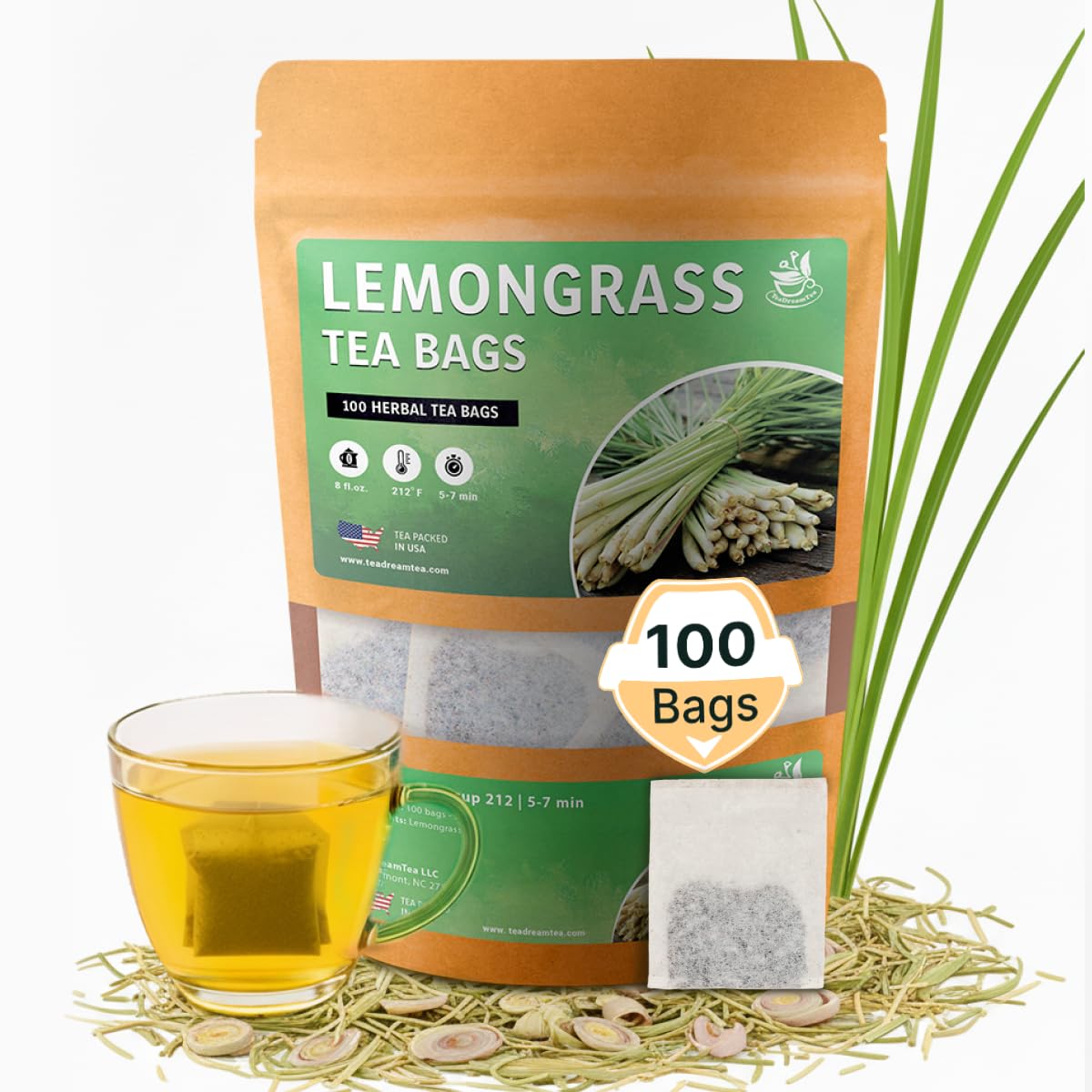 TeaDreamTea Lemongrass tea bags pack for relaxing, caffeine-free evenings