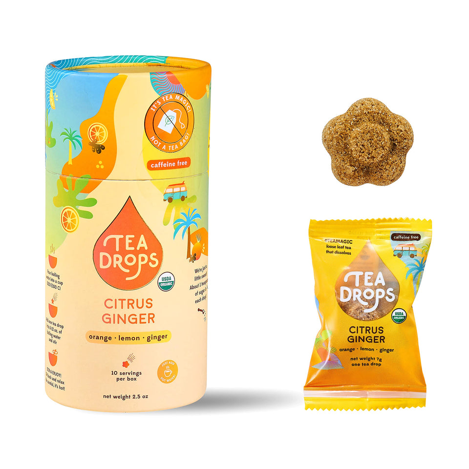 Tea Drops Citrus Ginger front packaging shows an organic blend for a quick flavorful cup.