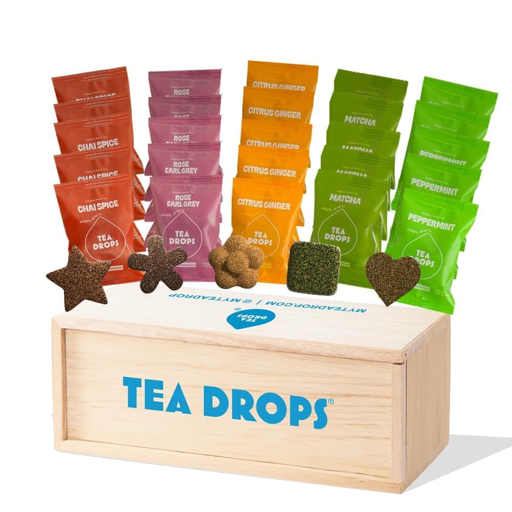 Tea Drops sampler box showing 25 count for tasting five flavors