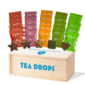 Tea Drops sampler box showing 25 count for tasting five flavors