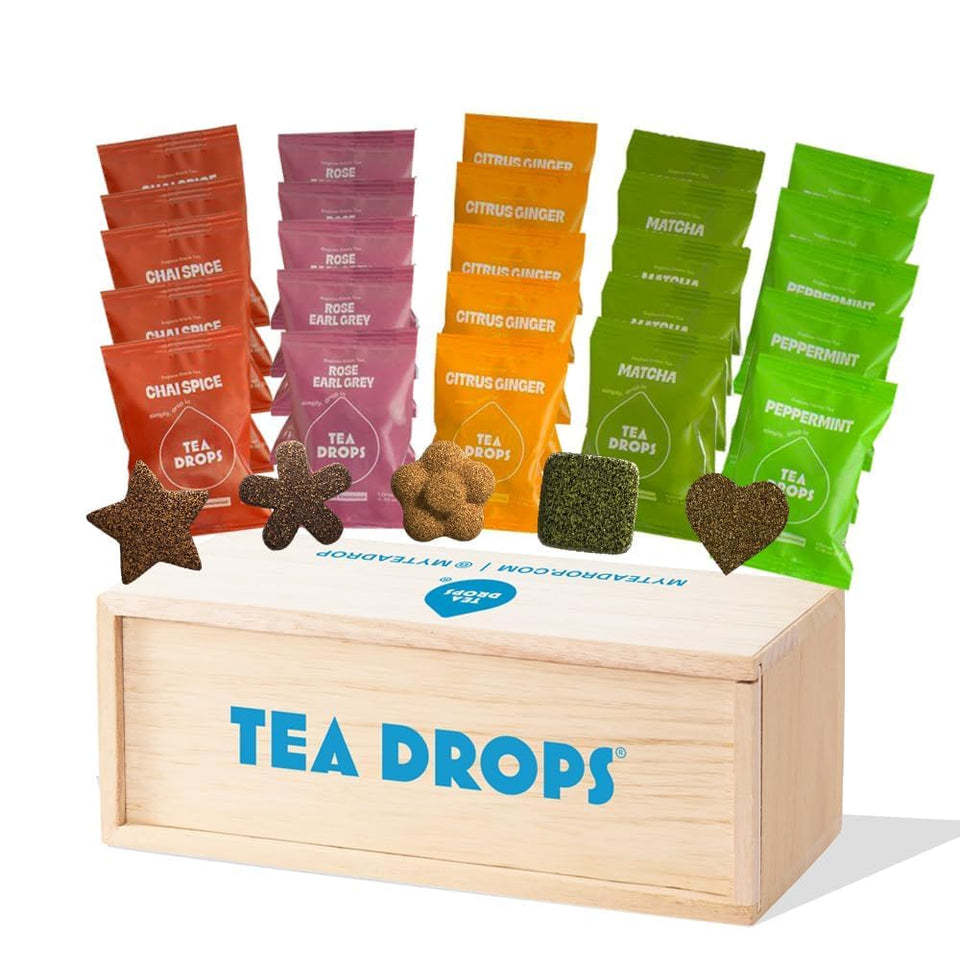 Tea Drops sampler box showing 25 count for tasting five flavors
