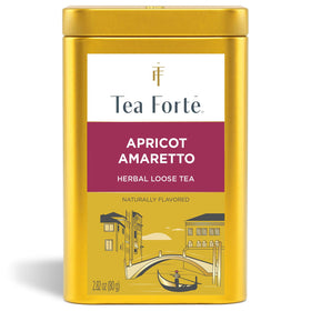 Tea Forte Apricot Amaretto loose tea canister preserves freshness in a recyclable steel container.
