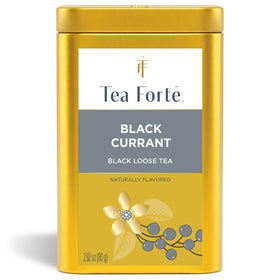 Tea Forte Black Currant tea canister artwork highlights premium packaging and freshness.