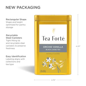 Tea Forte brewed Orchid Vanilla tea in a cup with steam