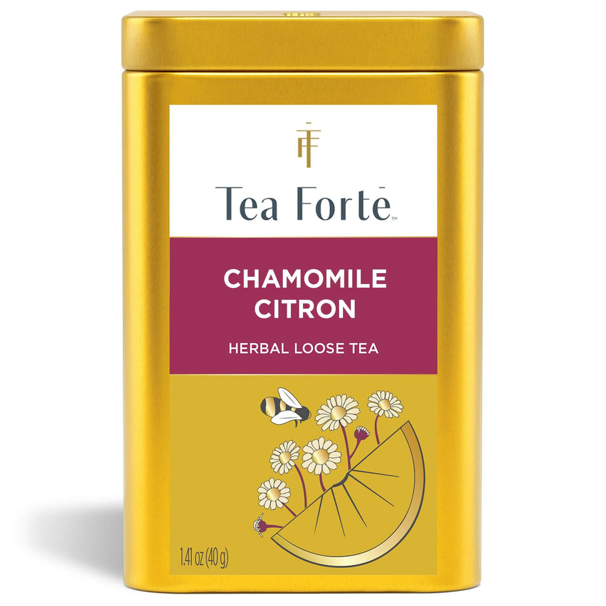 Tea Forte Chamomile Citron canister front view highlighting premium packaging and freshness.