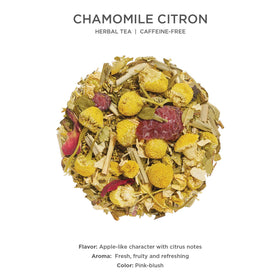 Tea Forte Chamomile Citron loose tea canister emphasizes sustainability and freshness.