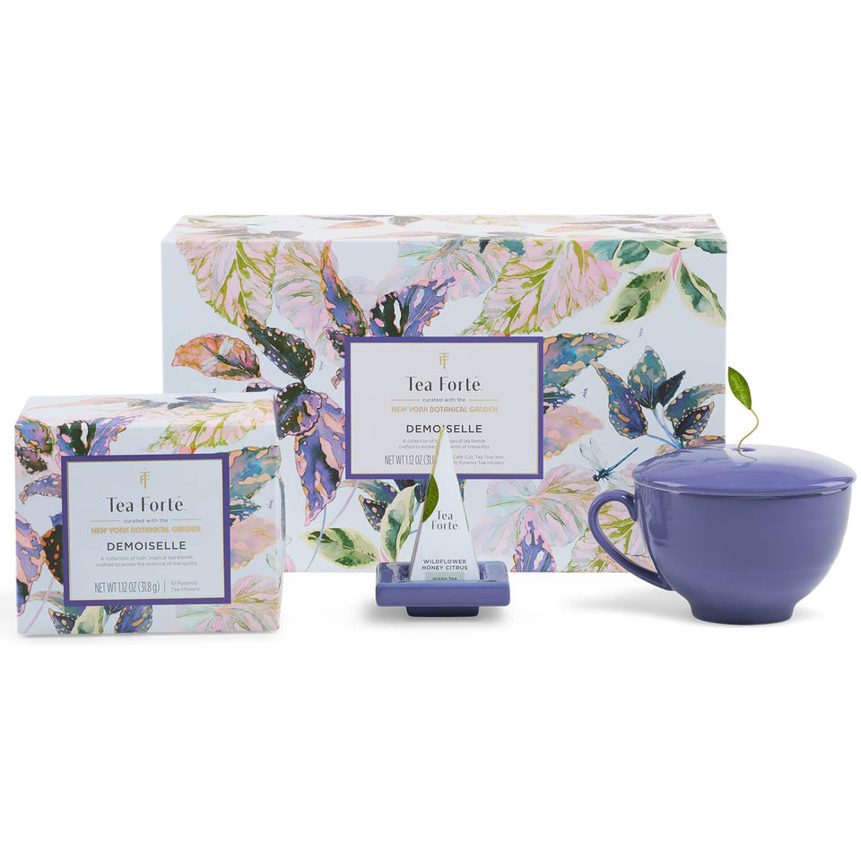 Tea Forte gift set with indigo cup and lid for elegant tea moments