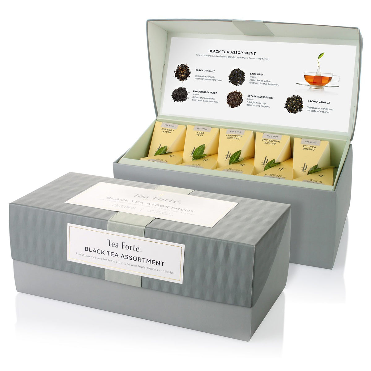 Tea Forte gift set front view, premium black tea assortment ideal for gifting
