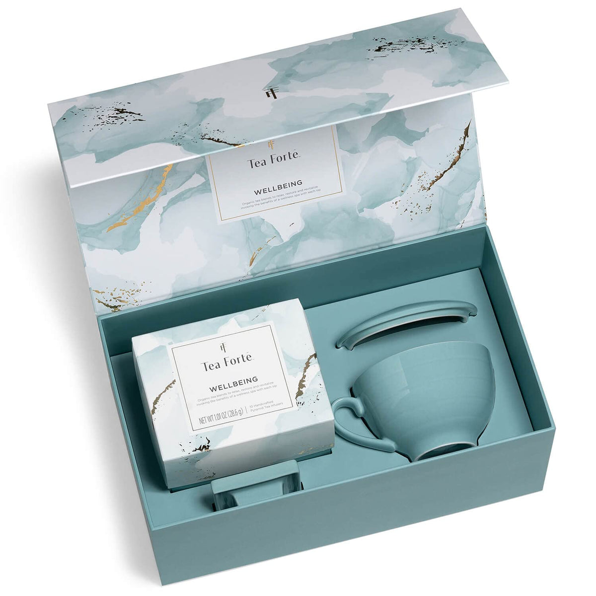Tea Forte gift set tea tray showcases a stylish centerpiece for entertaining.