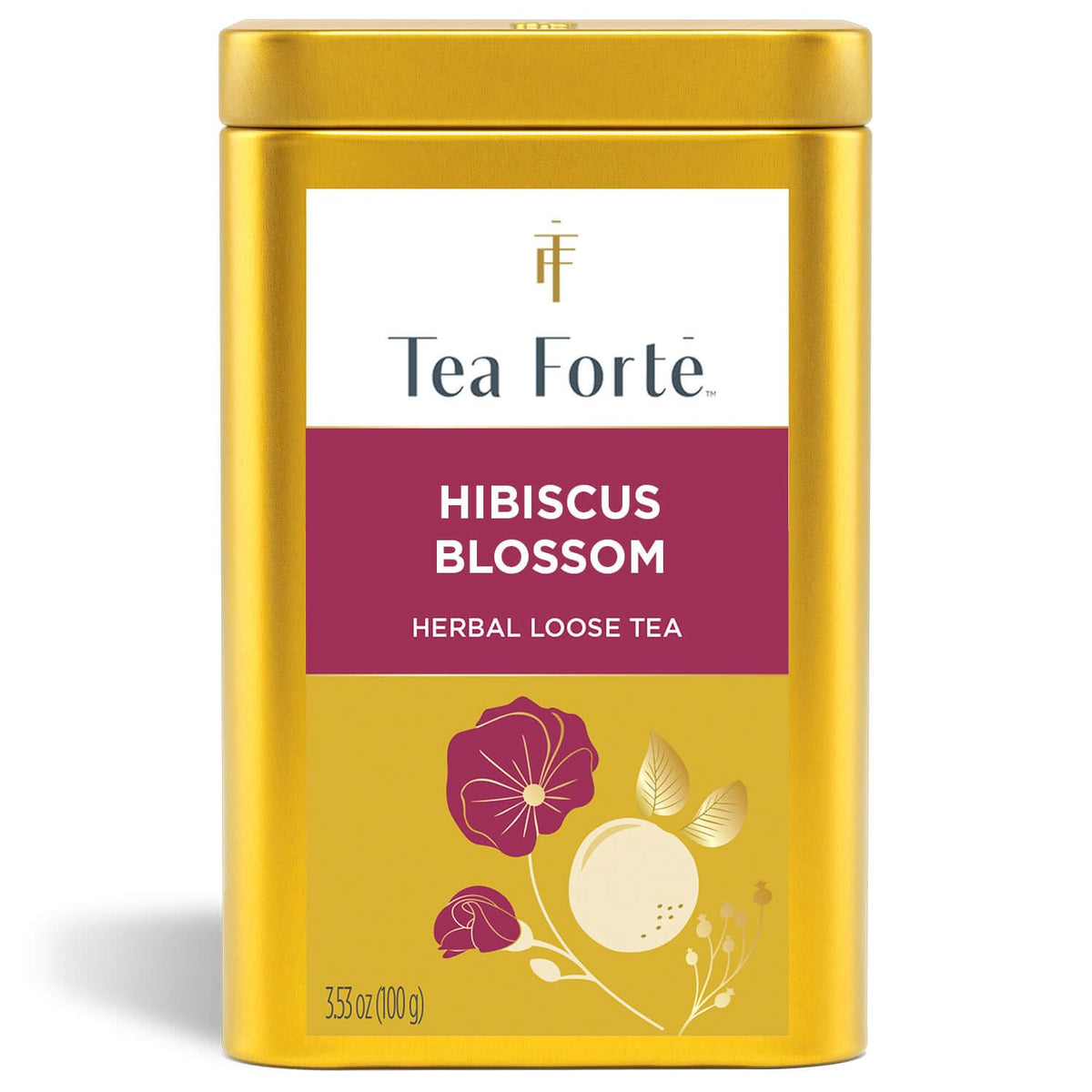 Tea Forte Hibiscus Blossom canister front view, preserving freshness for flavorful cups