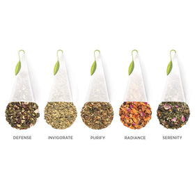 Tea Forte Invigorate pyramid tea bags to energize morning routines.