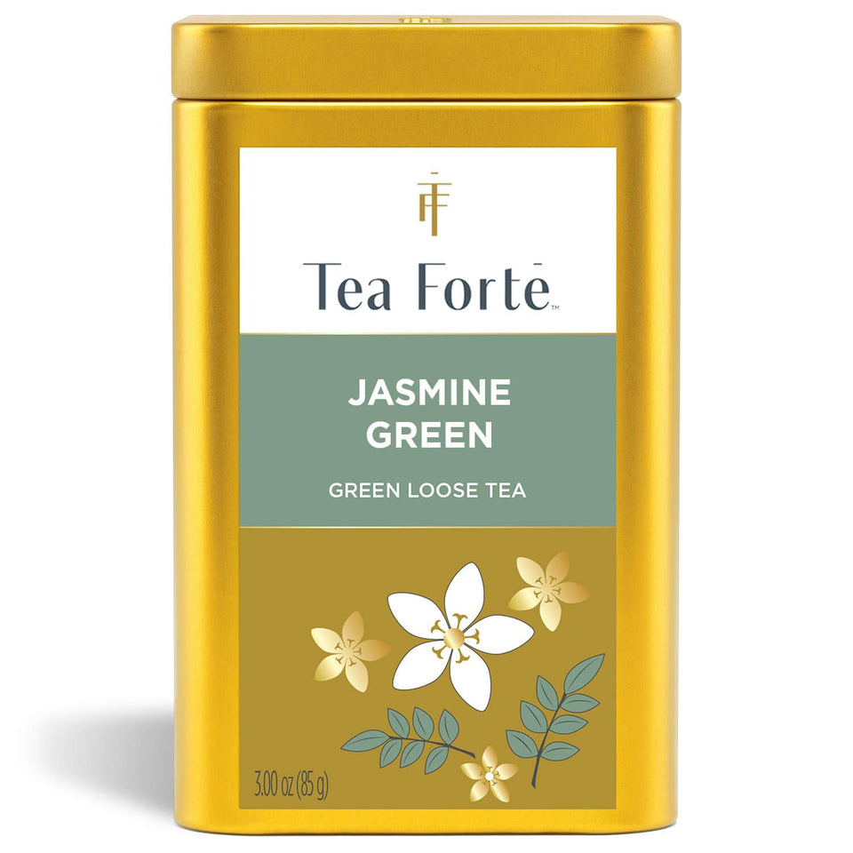 Tea Forte Jasmine Green canister front view with premium packaging.