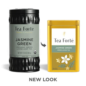 Tea Forte Jasmine Green canister label close-up showing artwork.