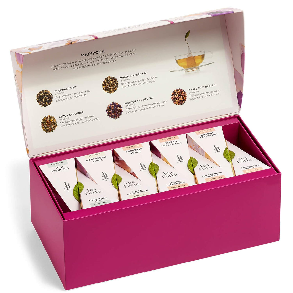 Tea Forte Mariposa box open, showcasing a curated tea sampler for gifting.