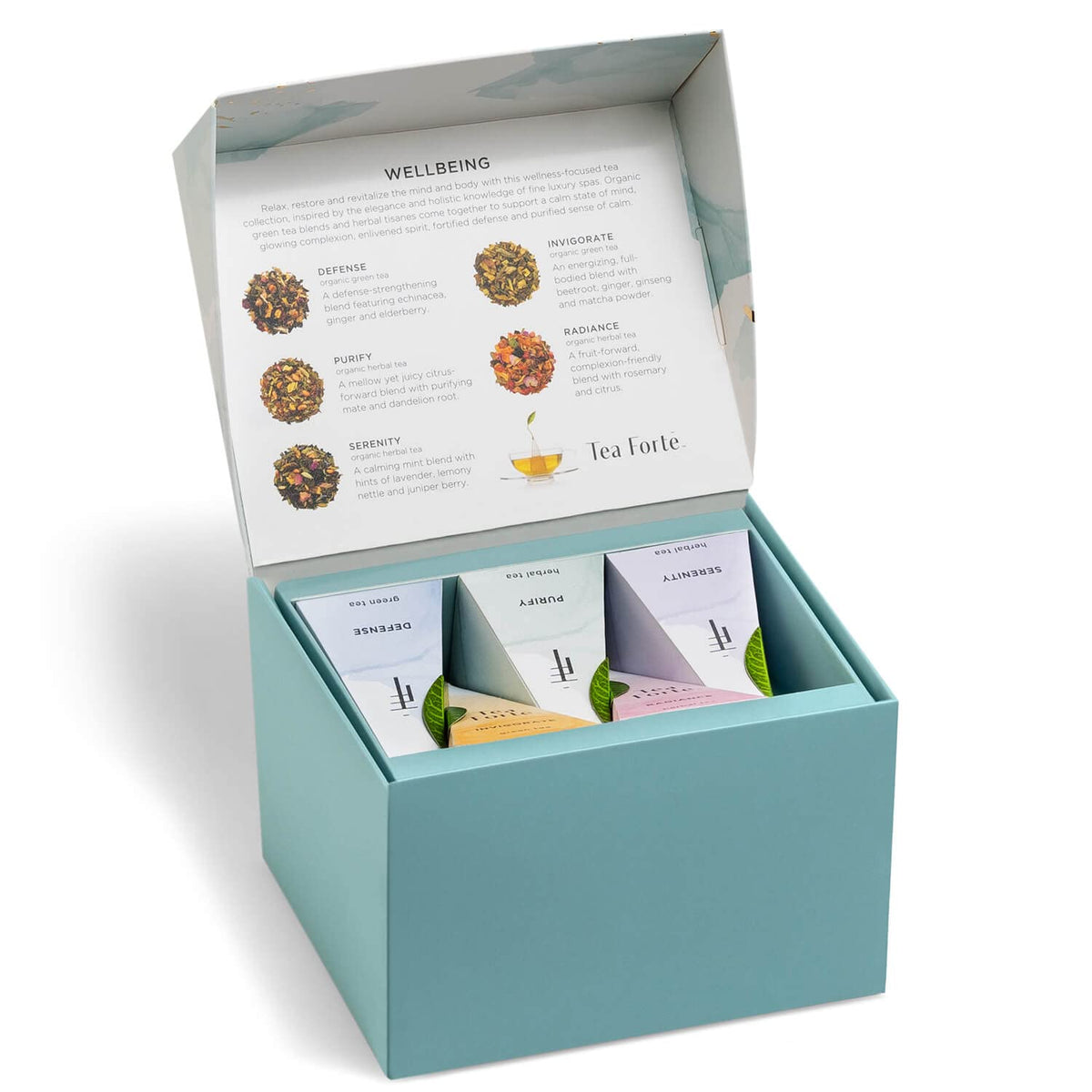 Tea Forte mini presentation box highlights premium pyramid tea bags for gifting.