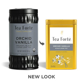 Tea Forte Orchid Vanilla recyclable steel canister highlights sustainability and freshness