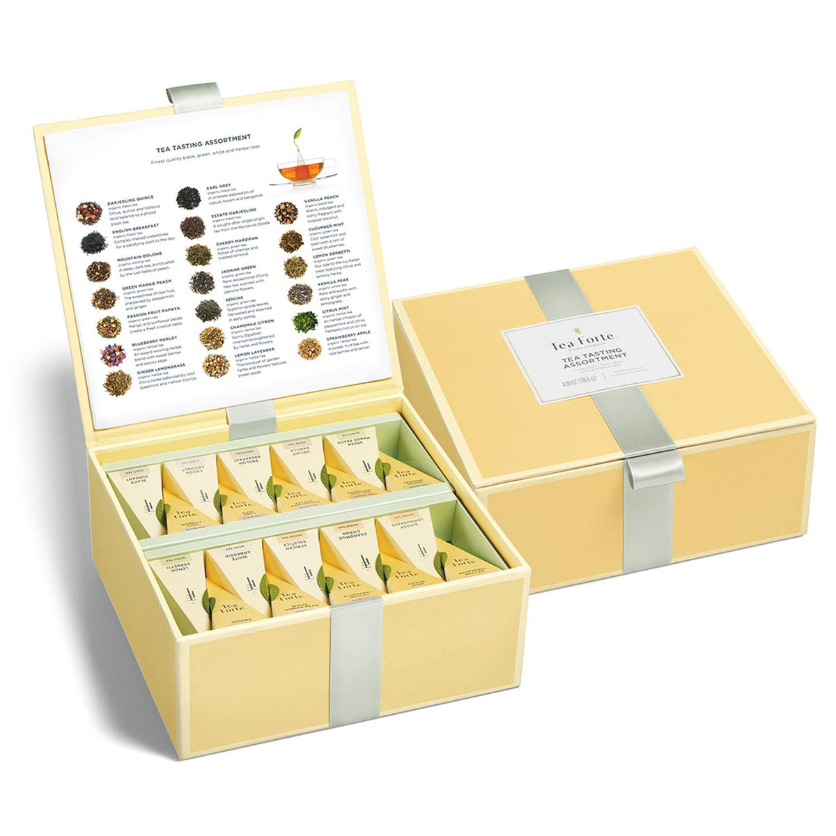 Tea Forte open lid sampler reveals tasting menu for selecting blends