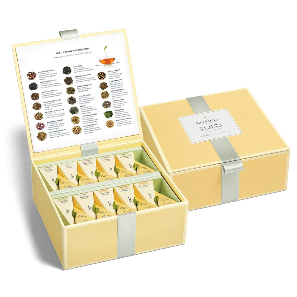 Tea Forte open lid sampler reveals tasting menu for selecting blends