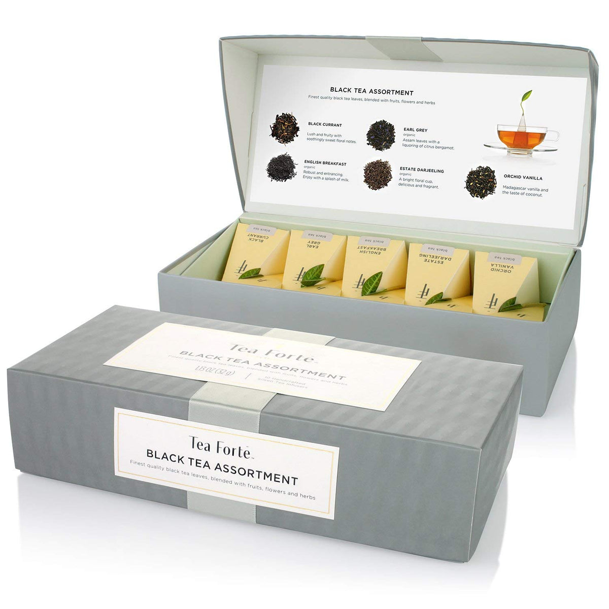 Tea Forte petite presentation box front view, ready for gifting